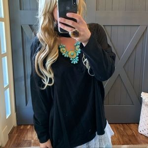 Plus Size Black V Neck Sweater With Choker Collar